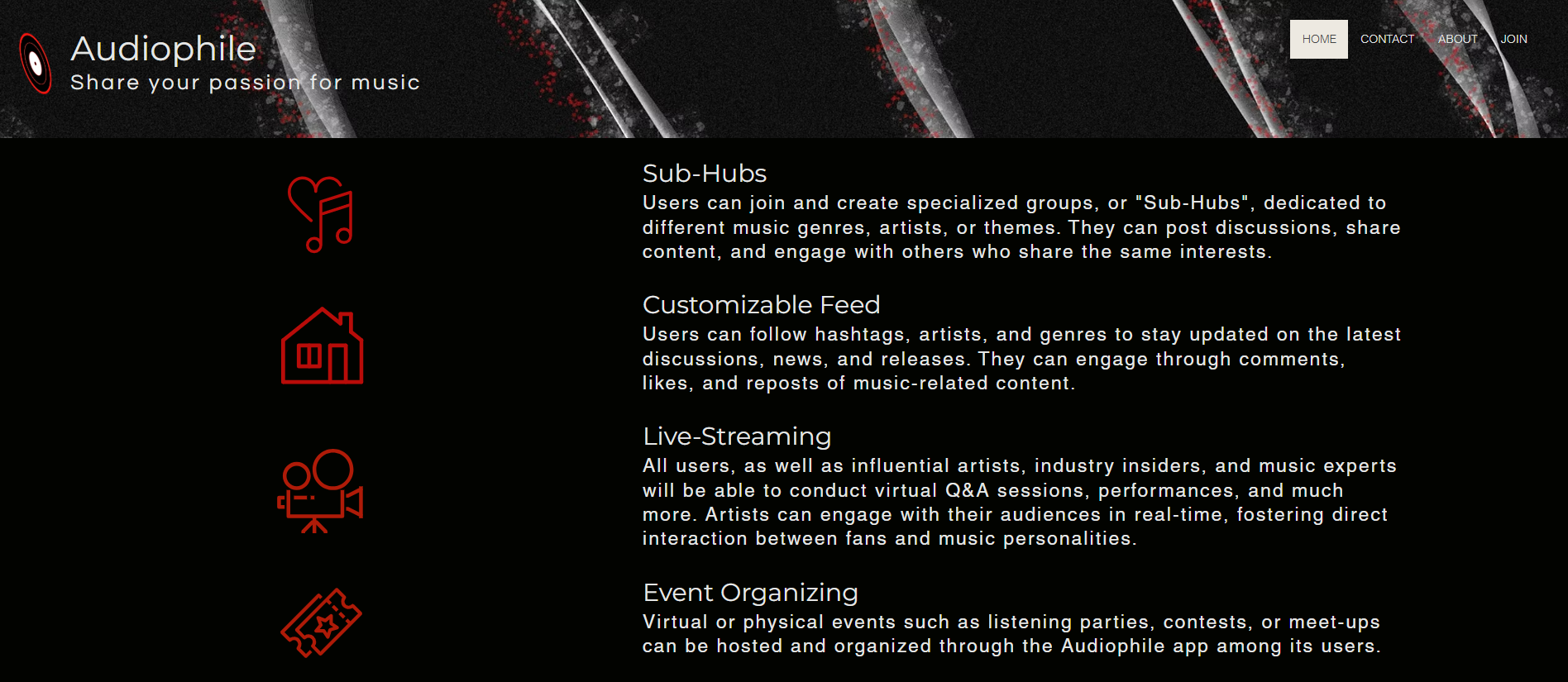 section of the Audiophile marketing website that explains its major features