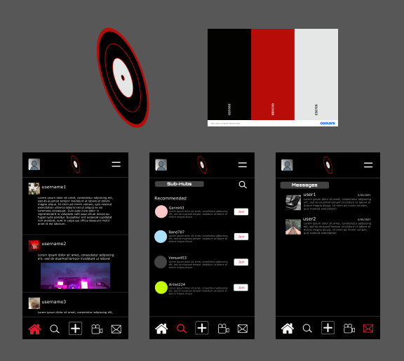 Visual mockups of the app's major screens, its color palette, and its logo