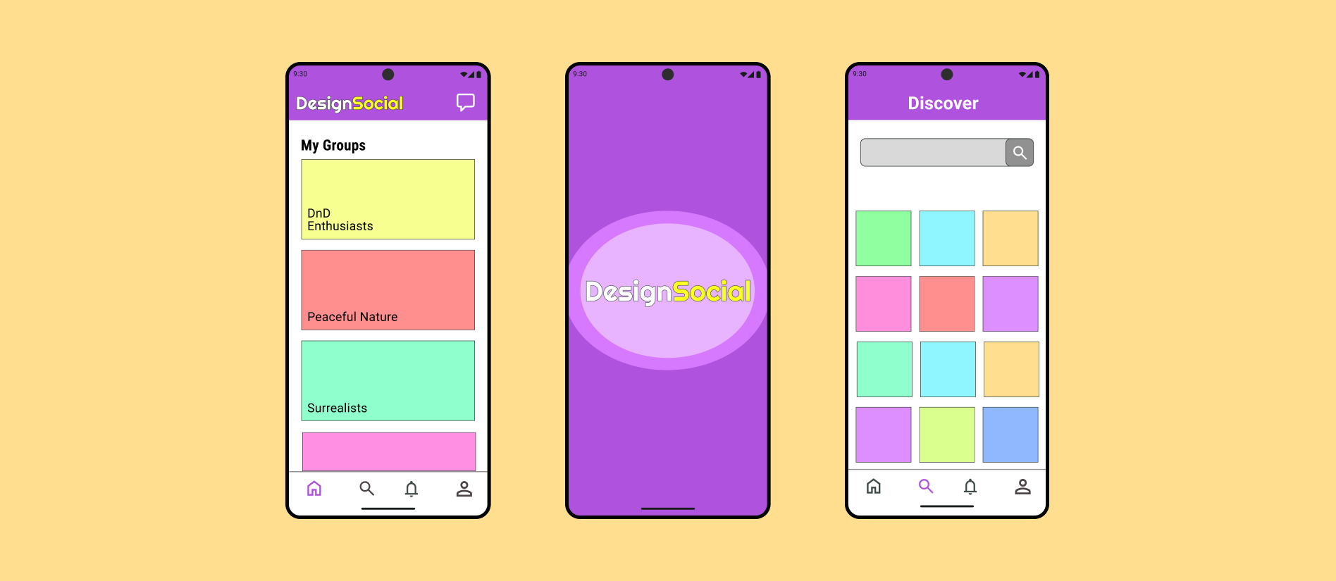 3 screens of the DesignSocial mobile app prototype