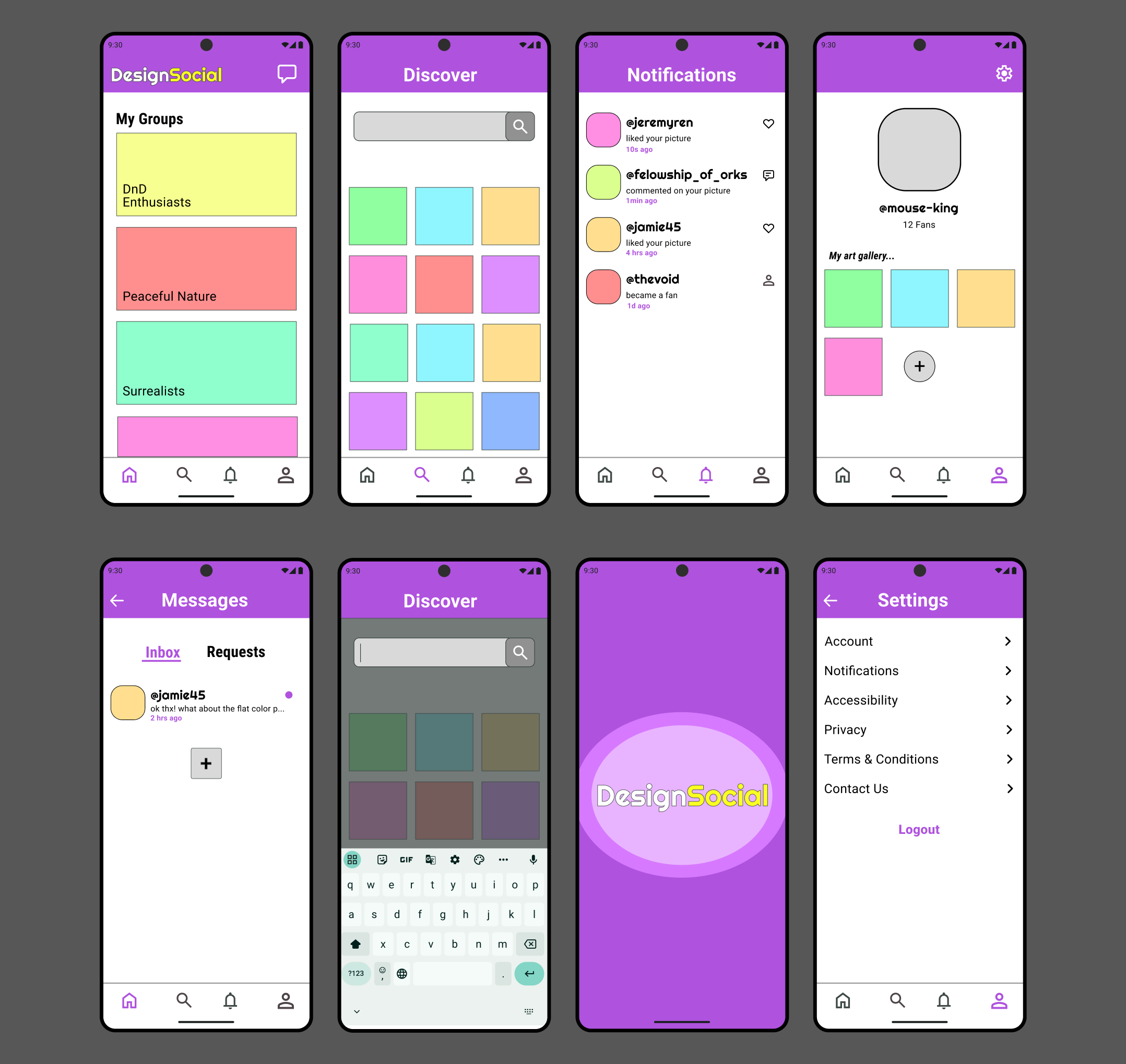 8 screens of the DesignSocial app prototype