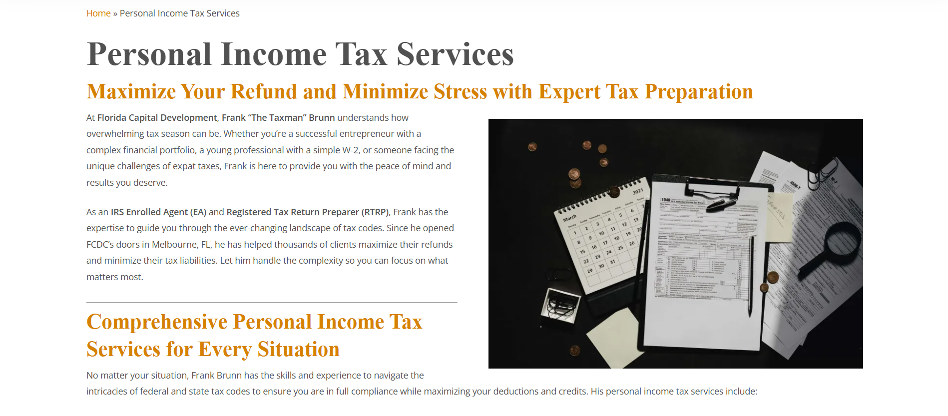 The new 'Personal Income Tax Services' page with a stock photo