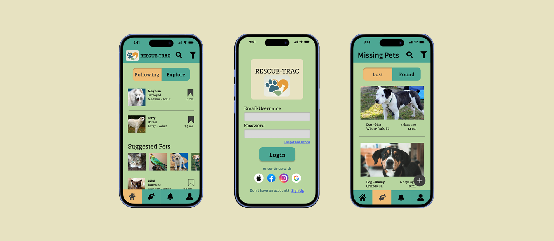 3 screens of the Recue-Trac mobile app prototype