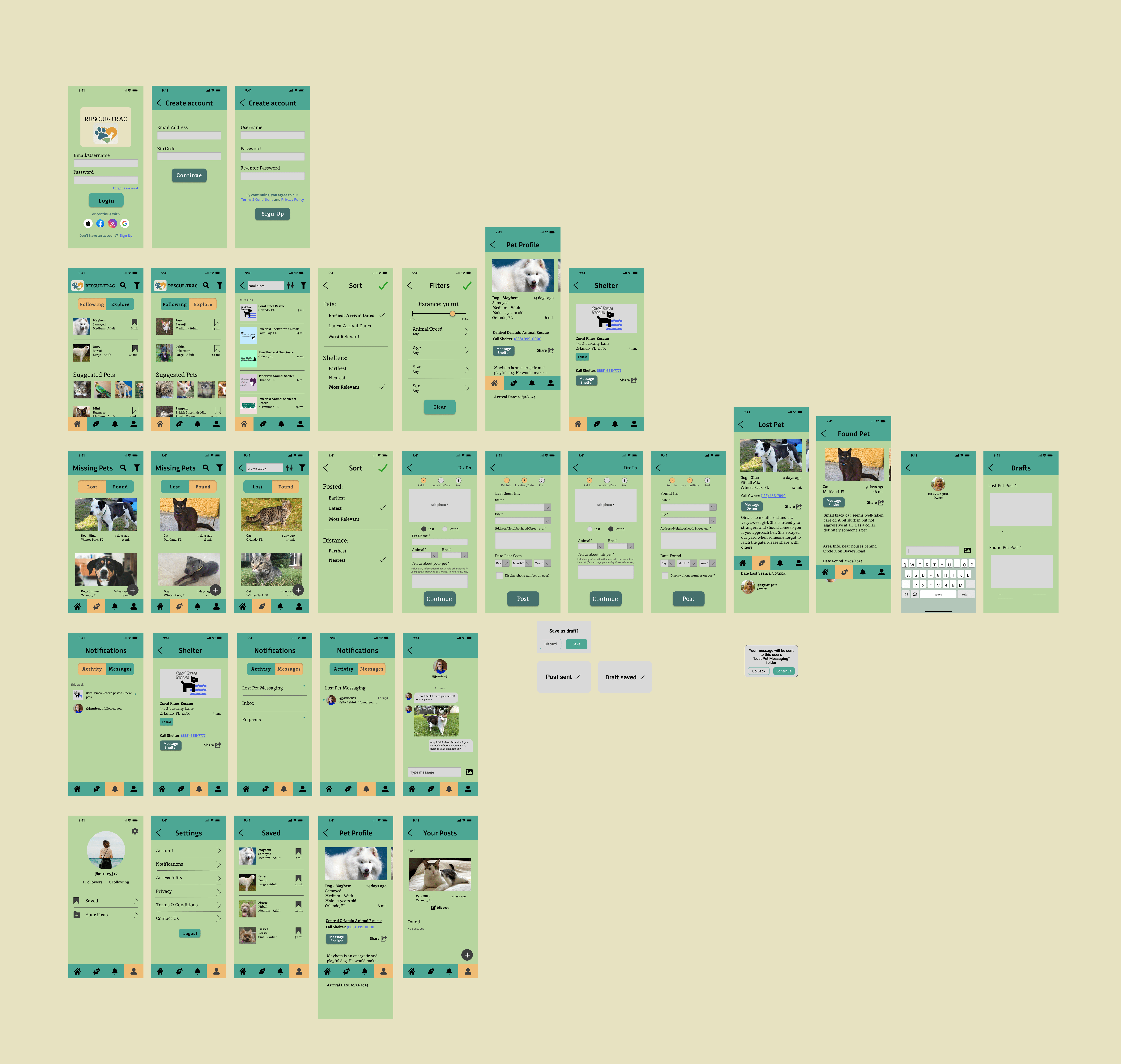 Rescue-Trac mockup showing every screen and popup in the app