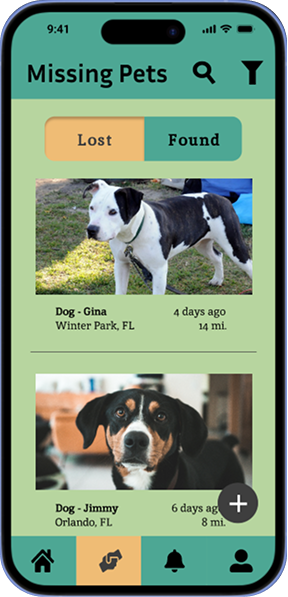 Visual mockup of the app's Missing Pets screen